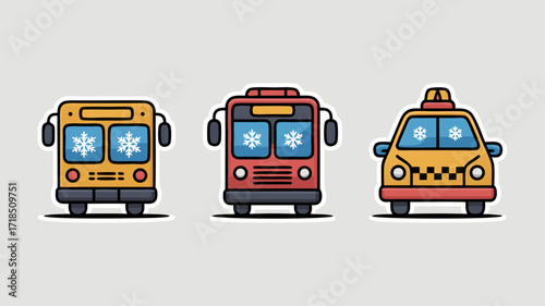 Winter Public Transport: Vector Cartoon Style Buses and Taxi Illustrations on a white background