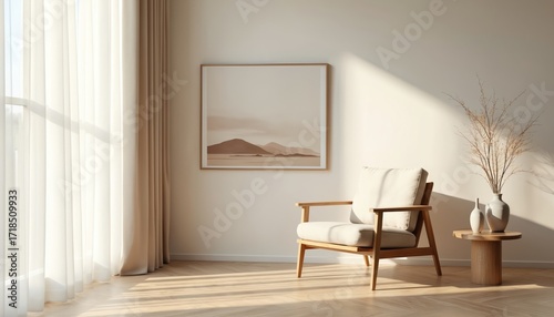 Modern armchair with clean lines sits in bright, minimalist room. Soft neutral tones, natural light streams through sheer curtains creating soft shadows on wooden floor. Framed artwork hangs on wall,