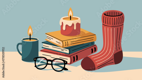 Cozy illustration of books and candles burning near a warm sock for a peaceful, relaxing time