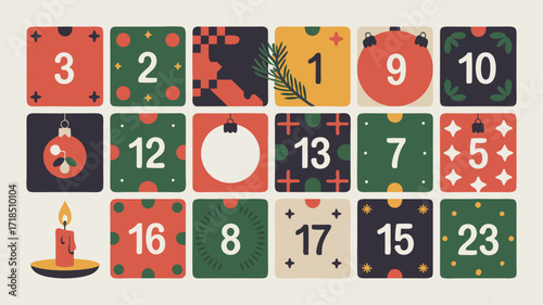 Advent Calendar Illustration with Numbers and Festive Decorations, Seasonal Design Concept