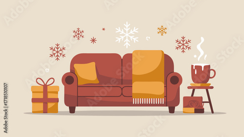 Cozy winter illustration with sofa gifts and hot drink perfect for Christmas celebration