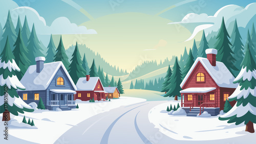 Winter landscape with snow-covered houses and road in a picturesque colorful scene