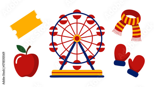 Amusement park scene with Ferris wheel apple ticket scarf and mittens design colorful vector