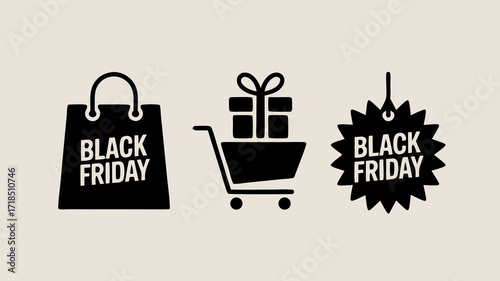 Black Friday Shopping Icons Vector Illustration for Sale and Festive Advertising