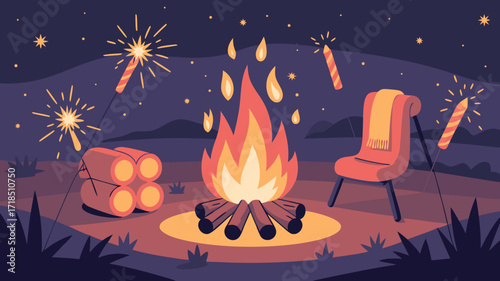 Night Bonfire and Sparklers Illustration Cozy Atmosphere for Special Moments