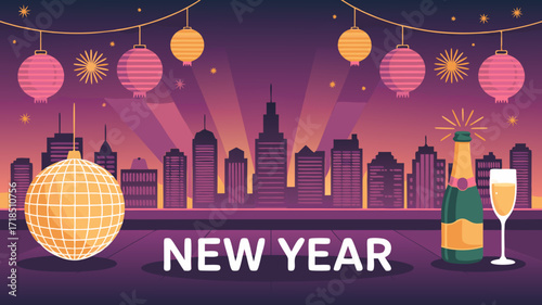 Festive New Year Celebration with City Skyline Fireworks and Sparkling Champagne Toast