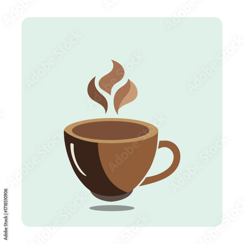 Hot coffee cup steaming cup of coffee in a brown mug, stylized wisps of steam rising from the hot beverage, set against a light blue background, representing a warm and inviting morning drink