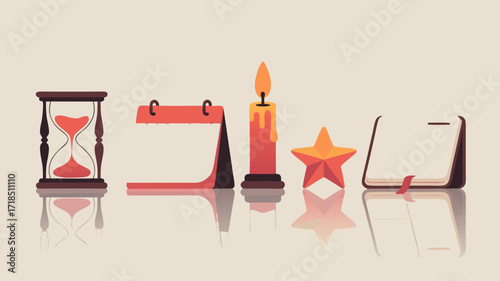 Illustration of Clock, Calendar Candle, Star, and Book Elements for Concept of Time