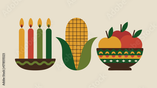 Stylized Kwanzaa Celebration: Kinara Candles, Corn, Fruit Bowl on Beige Background