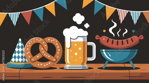 Oktoberfest celebration illustration: beer pretzel sausage and festive bunting flags