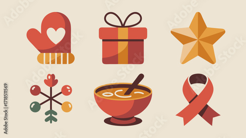 Festive icon set featuring a mitten gift festive star soup and snowflake on neutral backdrop