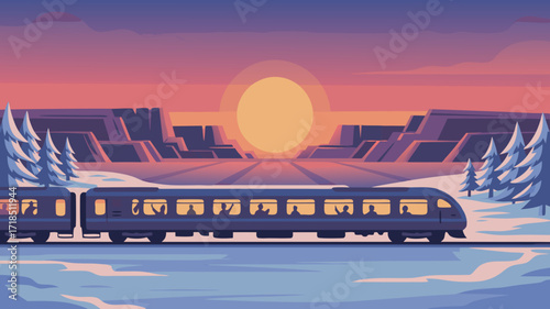 Winter Train Journey with Passengers at Sunset, Snowy Landscape Illustration