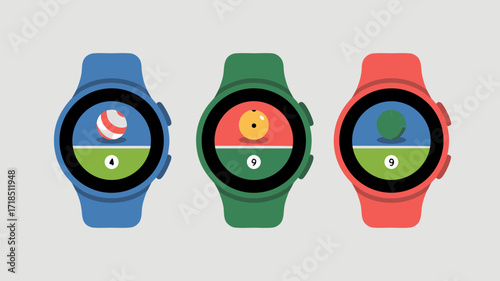 Colorful Smartwatches Displaying Balls and Numbers on the Screen Graphic Illustration