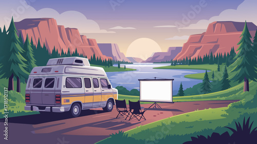 Scenic RV Camping in Nature with Presentation Screen at Golden Hour