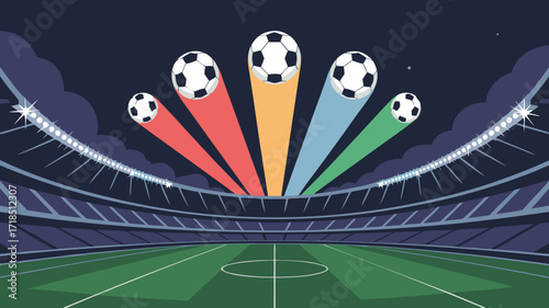 Soccer balls soaring over stadium field. Night game celebration with vibrant graphics