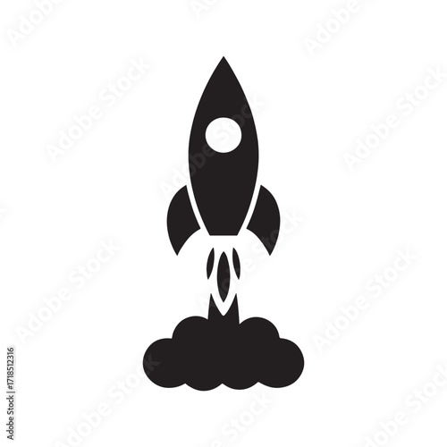 Black Rocket Launching into Space Minimalist Icon Design Starting New Venture Exploring New Horizons Technological Advancement and Innovation Vector Illustration