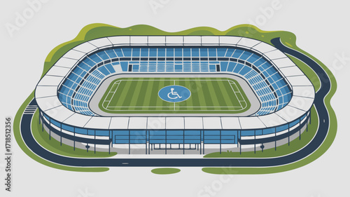 Football stadium illustration featuring accessibility symbol and modern architecture concept design