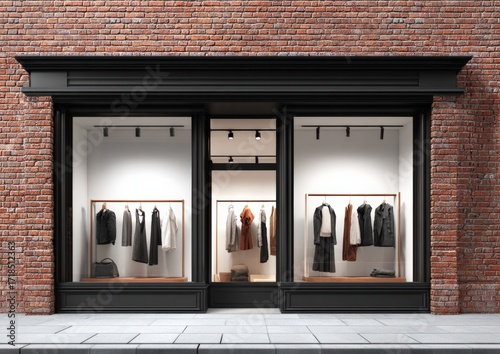 Fashion Boutique Storefront Display with Elegant Clothing Collection in Window, Modern Retail Design on Brick Building