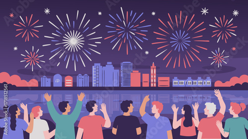 Celebration fireworks over city skyline with people watching and raising hands