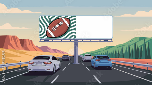 Vector Illustration of Football on Highway Billboard with Cars Traveling