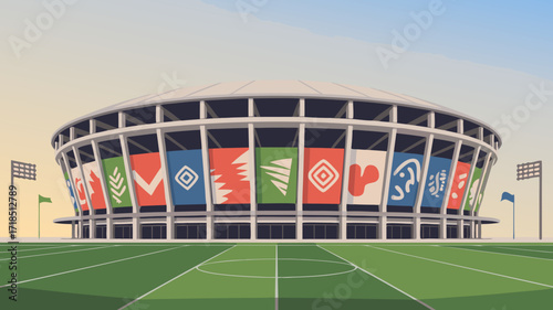 Illustration of a Modern Stadium. Football Field And Abstract Design Flags