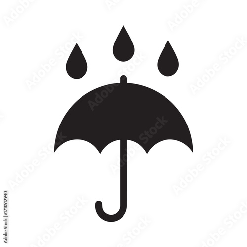 Simple Black Umbrella with Rain Drops Icon for Protection and Weather Forecasts against Storms and Showers on White Background