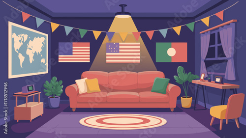 Cozy Living Room with Flags, Sofa, World Map, and Decorative Garland Decoration