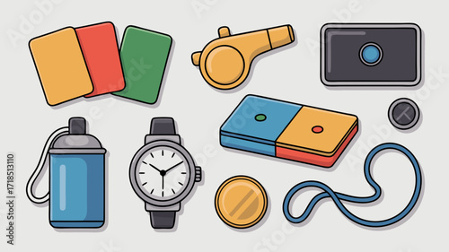 Referee Equipment Vector Illustration: Whistle Watch Cards and Gear Flat Design