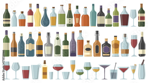 A detailed illustration of a barware and liquor collection arranged in three horizontal rows against a white background 
Ok