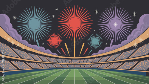 Stadium fireworks display illustration vector graphic with vibrant colors and festive atmosphere