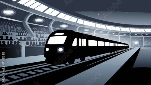 Monochromatic Modern Train Departing Station with Spectator View Vector Illustration