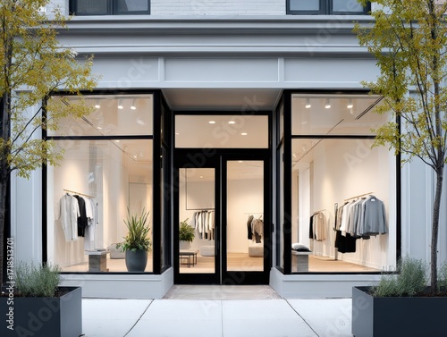Elegant Boutique Facade Featuring Minimalist Design and Natural Light Showcasing Clothing Apparel and Window Display