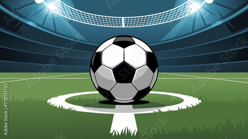 Soccer ball on green field at stadium under spotlights competition concept