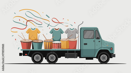 Truck loaded with drums tees and ribbons for a festive celebration or event illustration