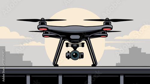 Drone illustration flying over urban environment with camera, technology concept