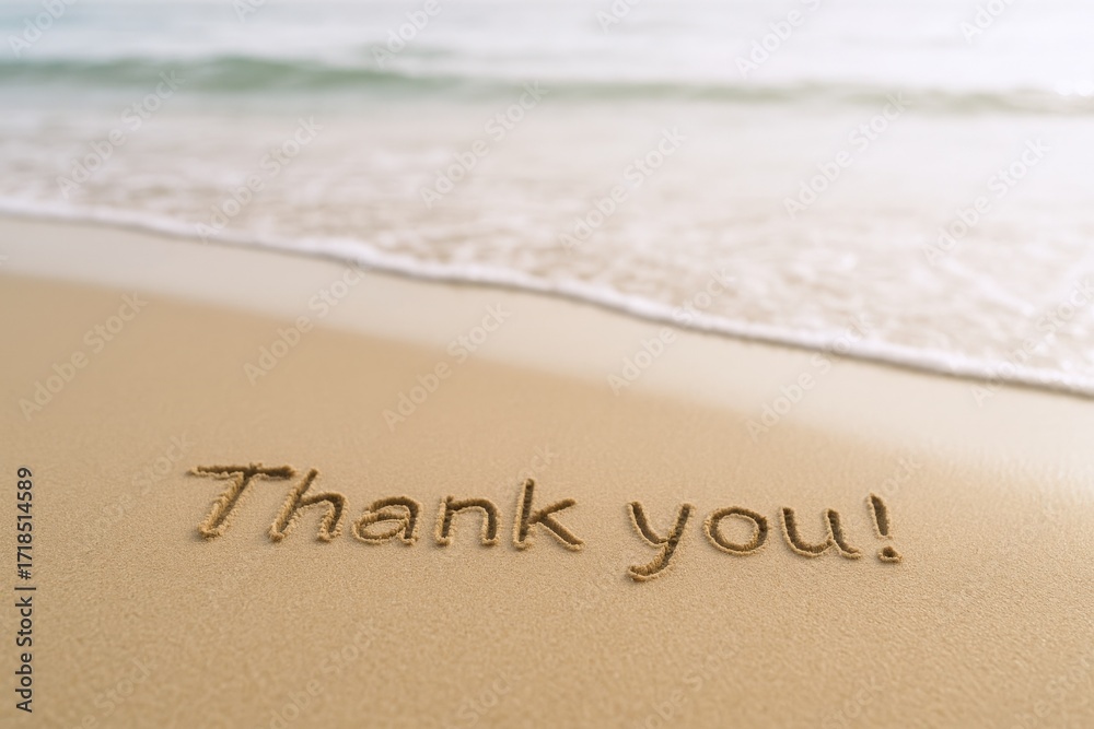 Fototapeta premium Thank you message written in sand on the beach with incoming wave washing over it