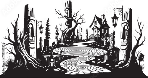 Mysterious garden with tiki statues and haunted house