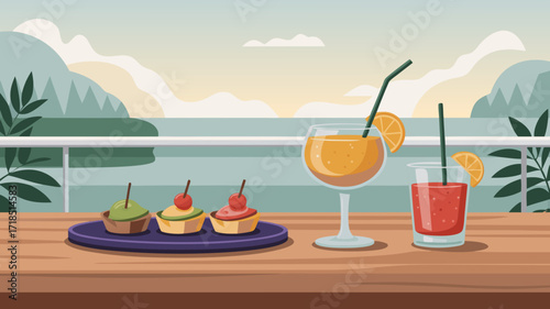 Relaxing scene of cocktails and treats with ocean view cartoon illustration.