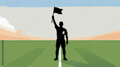 Soccer Field Referee Silhouette Raising Flag - Goal Line Perspective with Color Background
