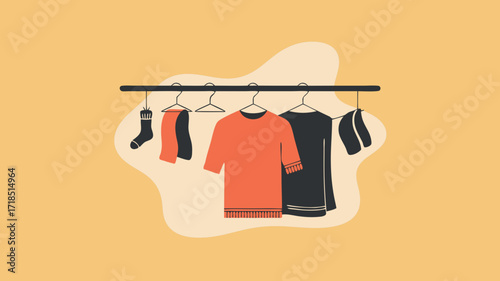 Clothes on hangers: minimalist fashion apparel in orange and black color scheme