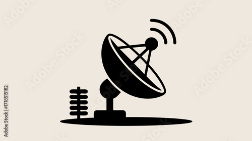 Monochrome satellite dish icon broadcasting signals for communication and technology systems