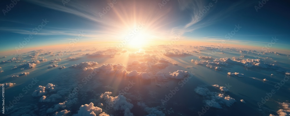 Fototapeta premium Sunlight beams through clouds over ocean, landmass. Blue sky, white clouds. Earth from space, serene atmosphere. Sunrise or sunset view, clear weather. Aerial perspective, vacation, travel, panorama.