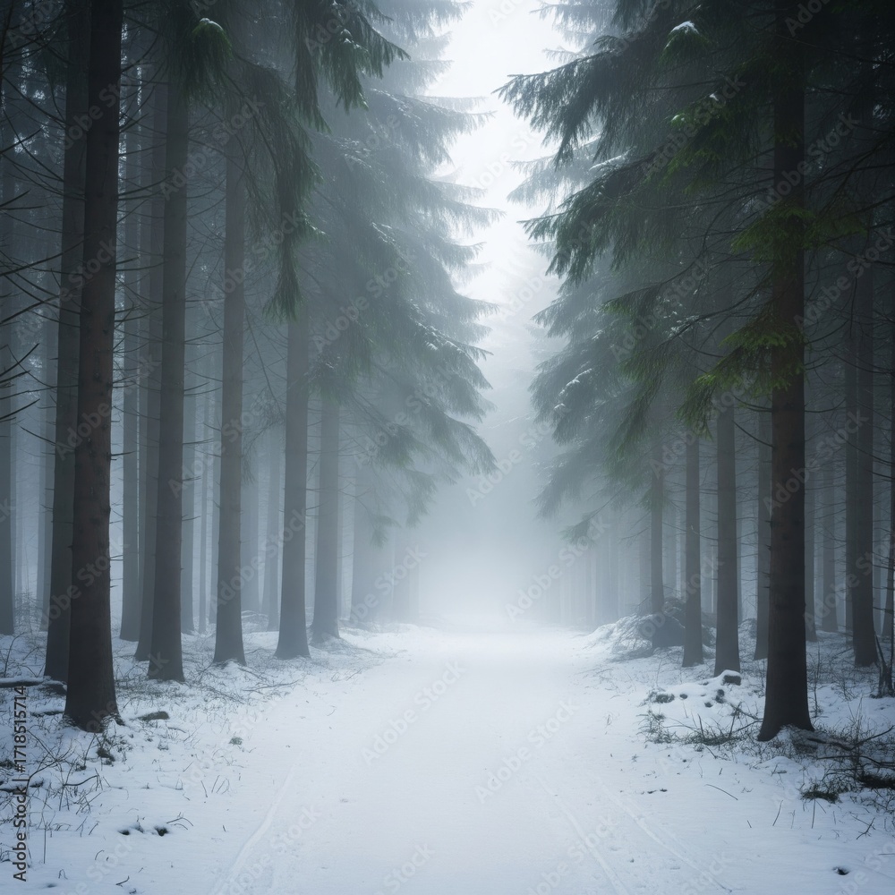 Fototapeta premium Snowy Pathway Through Tall Pine Trees in Winter Foggy Forest Scenery