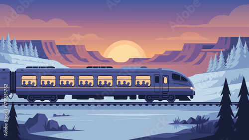 Sunset Train Journey Through Winter Landscape Illustration with Passengers