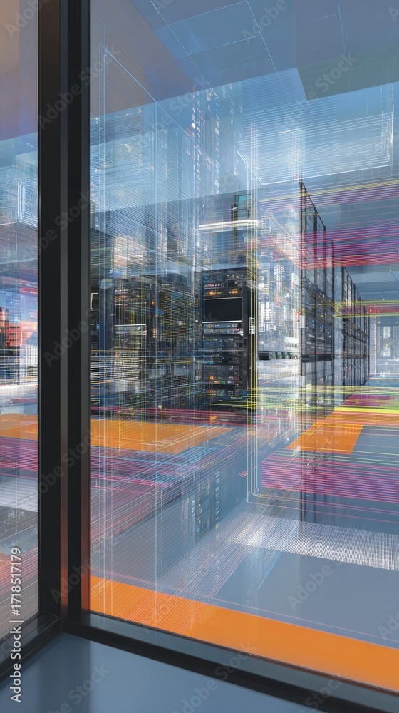 Obraz premium Cityscape Night View Through Modern Window