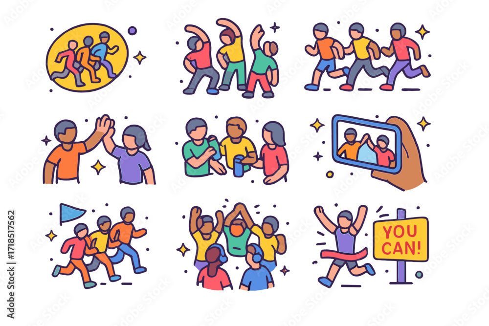 Fototapeta premium Group Running Icons. Colorful isometric vector icons set of group running and community: running club logo, group warm-up, synchronized stride, high five,