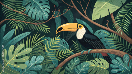 The Majestic Toucan, A Sanctuary of Vivid Botanical Imagination and Tropical Beauty, EPS file