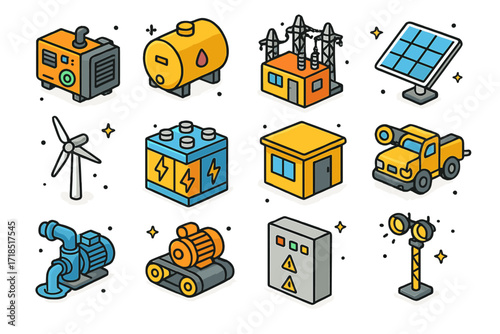 Energy in Mining Icons. Energy in Mining. Colorful isometric vector icons set of Energy in Mining: diesel generator, fuel tank, electric substation, solar