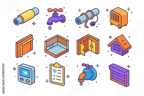 Frozen Pipes Prevention Icons. Colorful isometric vector icons set of preventing frozen pipes: pipe foam insulation, faucet dripping, heated cable wrap,