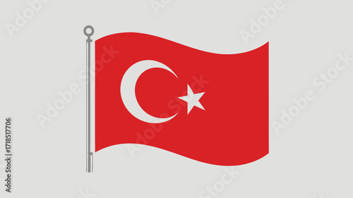Turkish Flag on Pole Vector Illustration Isolated on Light Background - Symbol Concept